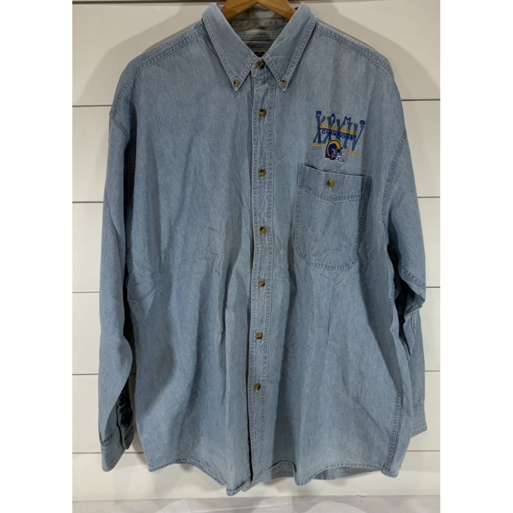 Vintage Lee Sport Blue Denim Button Down Shirt NFL Rams Superbowl 34 XXXIV Sz XL